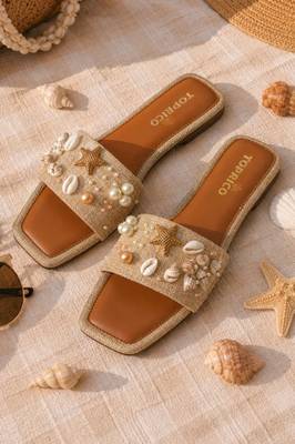 Tan embellished faux leather jute flats for women 1