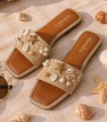 Tan embellished faux leather jute flats for women
