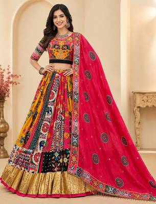 Multicolor Muslin Cotton Navratri Lehenga Choli with Real Mirror Work 1
