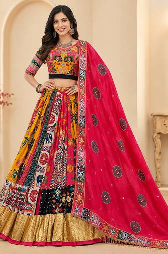 Multicolor Muslin Cotton Navratri Lehenga Choli with Real Mirror Work