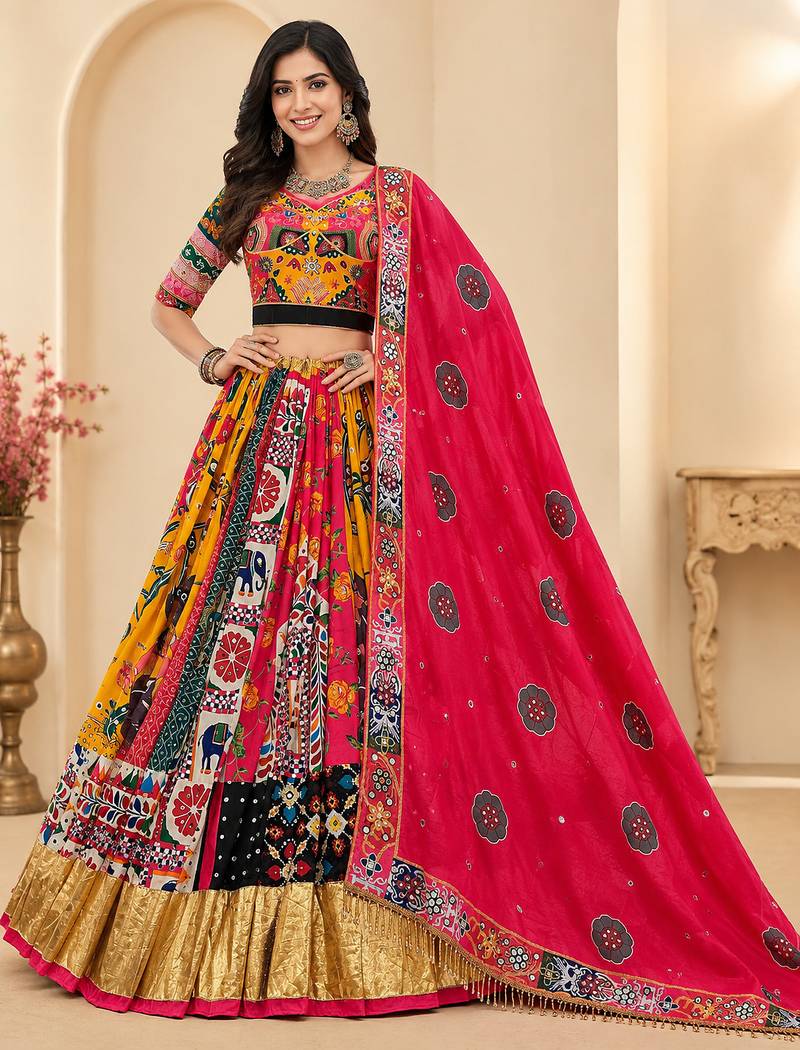 Multicolor Muslin Cotton Navratri Lehenga Choli with Real Mirror Work