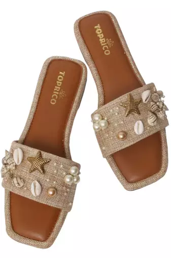 Tan embellished faux leather jute flats for women
