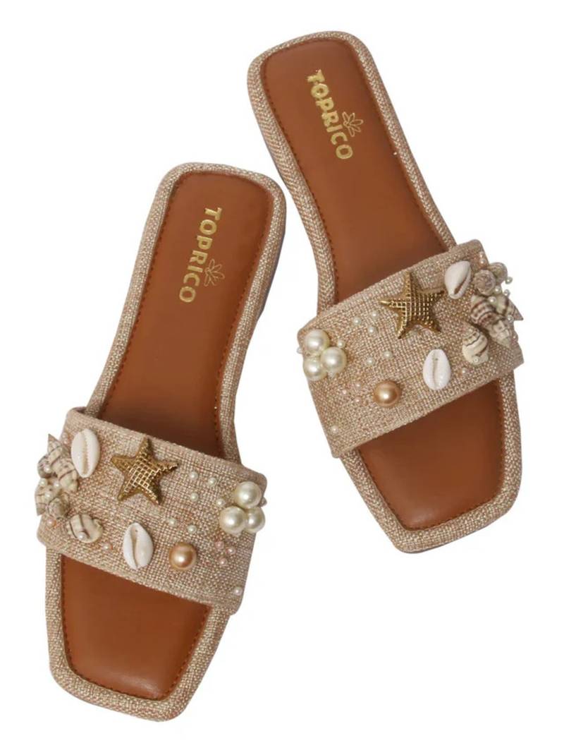Tan embellished faux leather jute flats for women