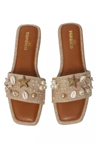 Tan embellished faux leather jute flats for women