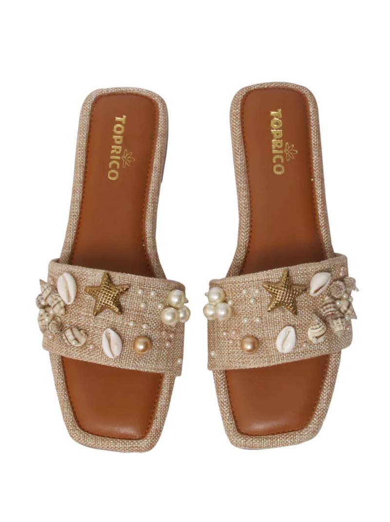 Tan embellished faux leather jute flats for women