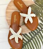 Tan embroidered faux leather flat sandals for women