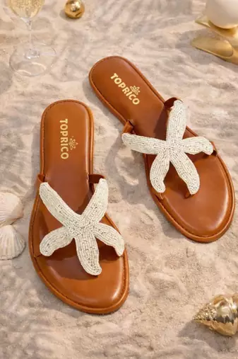 Tan embroidered faux leather flat sandals for women