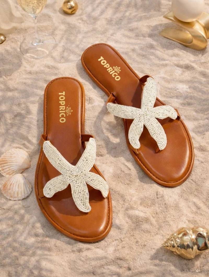 Tan embroidered faux leather flat sandals for women