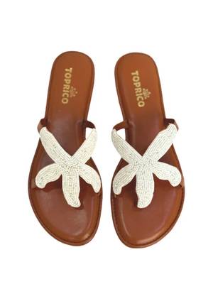 Tan embroidered faux leather flat sandals for women 3