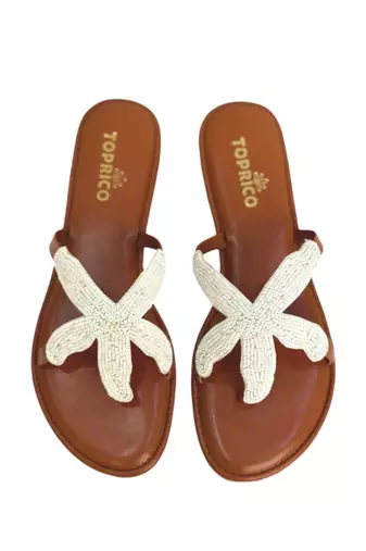 Tan embroidered faux leather flat sandals for women