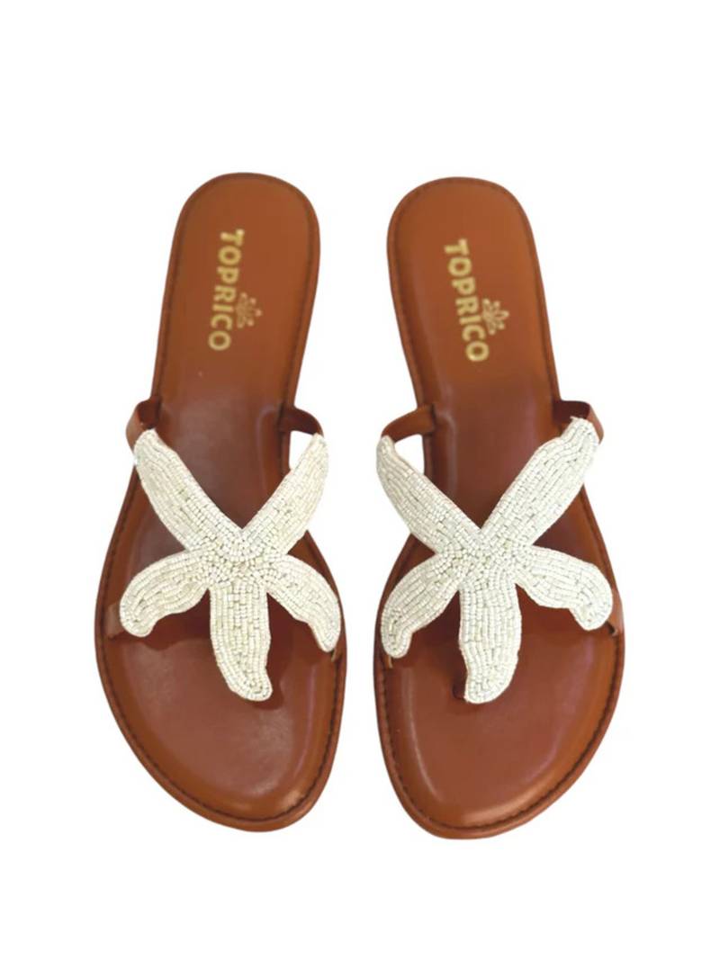Tan embroidered faux leather flat sandals for women