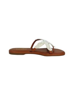 Tan embroidered faux leather flat sandals for women 5