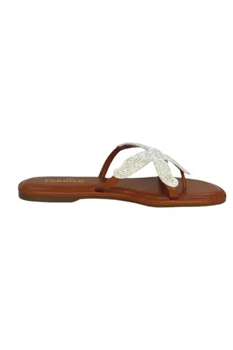 Tan embroidered faux leather flat sandals for women