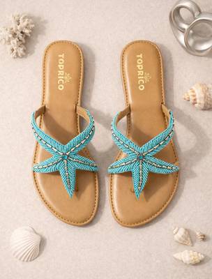 Tan embroidered faux leather flat sandals for women 1