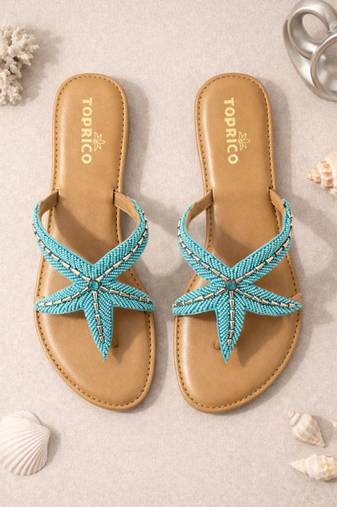 Tan embroidered faux leather flat sandals for women