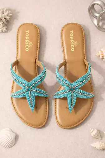 Tan embroidered faux leather flat sandals for women