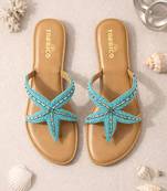 Tan embroidered faux leather flat sandals for women