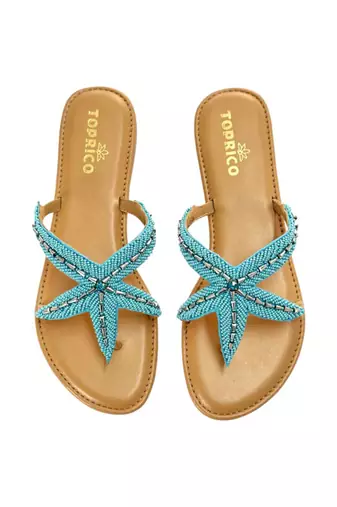 Tan embroidered faux leather flat sandals for women