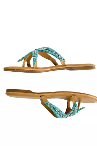 Tan embroidered faux leather flat sandals for women