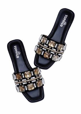 Black champagne embellished faux leather slip-on flats for women 2