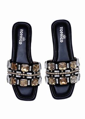 Black champagne embellished faux leather slip-on flats for women 3