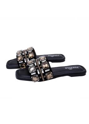 Black champagne embellished faux leather slip-on flats for women 4