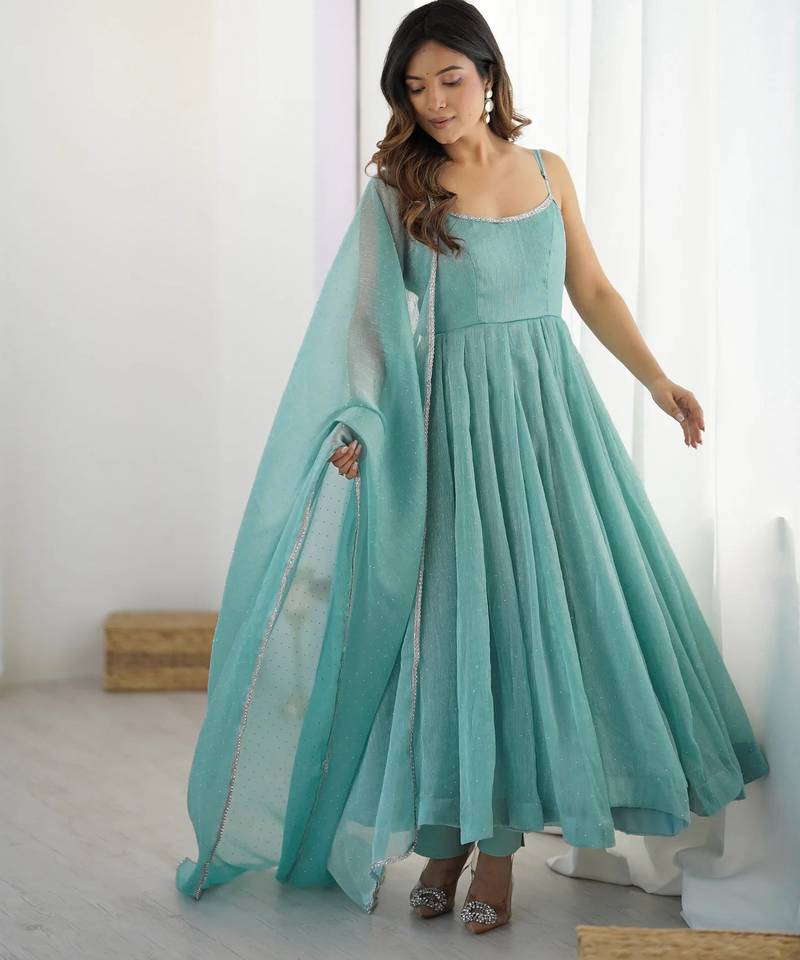 Women's Beautiful Embroidery Crunchy Silk Fabric Flared Anarkali Pant and Dupatta Set
