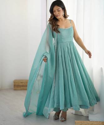 Women's Beautiful Embroidery Crunchy Silk Fabric Flared Anarkali Pant and Dupatta Set 1
