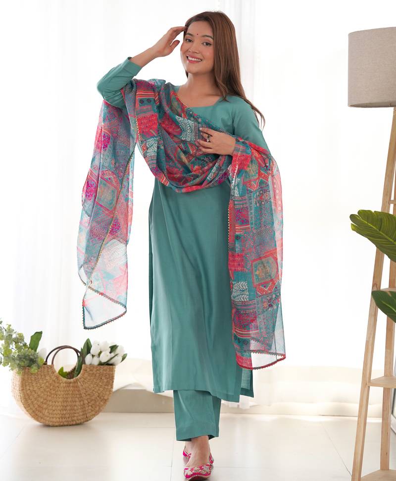 Women's Beautiful Solid Viscose Fabric Straight Kurta Pant and Dupatta Set
