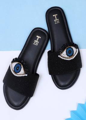 Black beaded faux leather evil eye flats for women 1