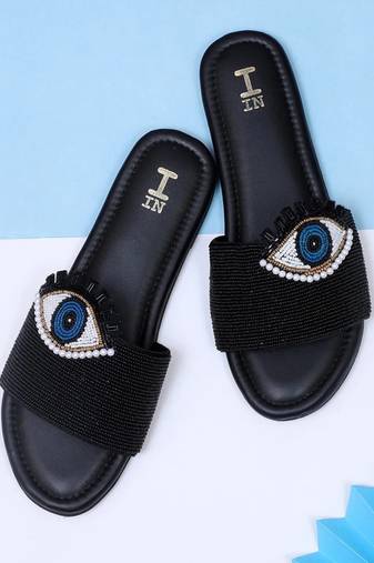 Black beaded faux leather evil eye flats for women