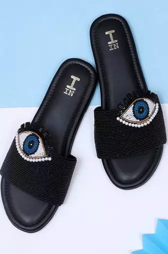Black beaded faux leather evil eye flats for women