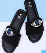 Black beaded faux leather evil eye flats for women