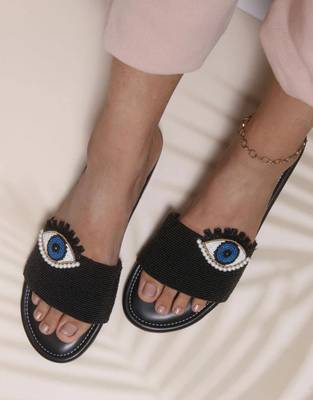 Black beaded faux leather evil eye flats for women 2