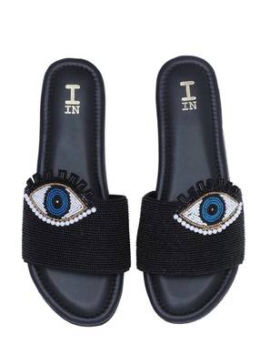 Black beaded faux leather evil eye flats for women 3