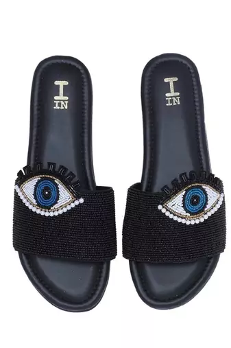Black beaded faux leather evil eye flats for women