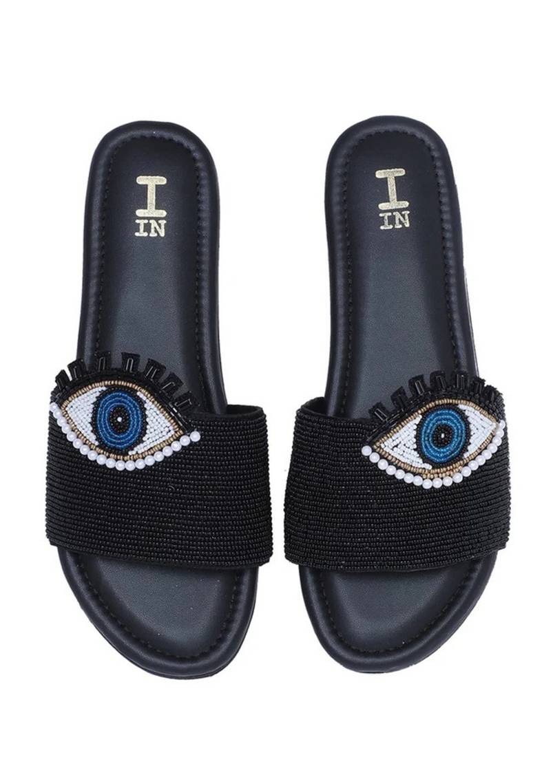 Black beaded faux leather evil eye flats for women