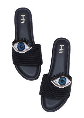 Black beaded faux leather evil eye flats for women 4