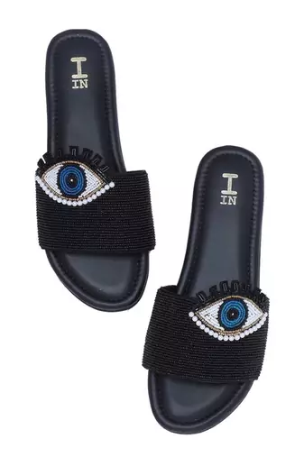 Black beaded faux leather evil eye flats for women