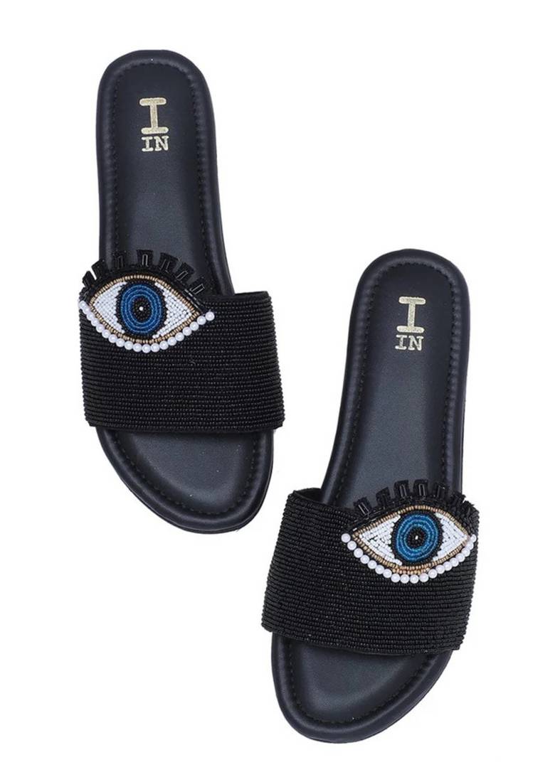 Black beaded faux leather evil eye flats for women