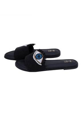 Black beaded faux leather evil eye flats for women 5