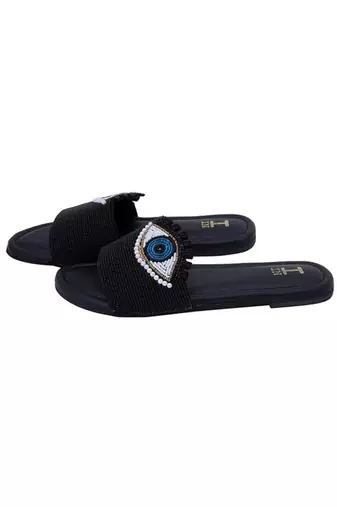 Black beaded faux leather evil eye flats for women