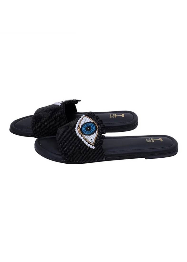 Black beaded faux leather evil eye flats for women