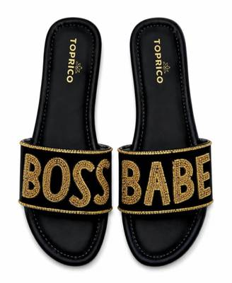 Black embellished faux leather boss babe flat slides for women 1