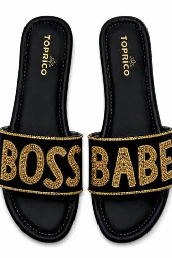 Black embellished faux leather boss babe flat slides for women