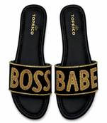 Black embellished faux leather boss babe flat slides for women