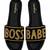Black embellished faux leather boss babe flat slides for women