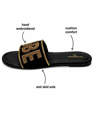 Black embellished faux leather boss babe flat slides for women 4