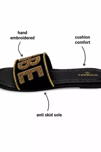 Black embellished faux leather boss babe flat slides for women