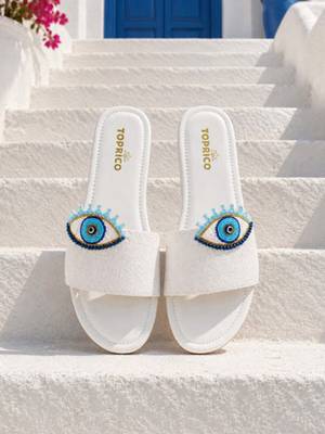 White beaded faux leather evil eye flats for women 1